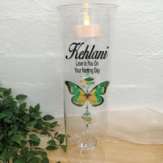 Naming Day Glass Candle Holder Green Butterfly