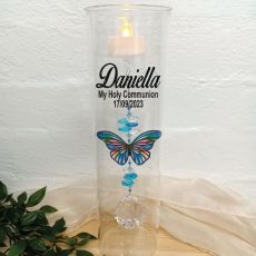 1st Communion Glass Candle Holder Blue Stripe Butterfly