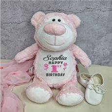1st Birthday Bear Pink Cubbie Plush