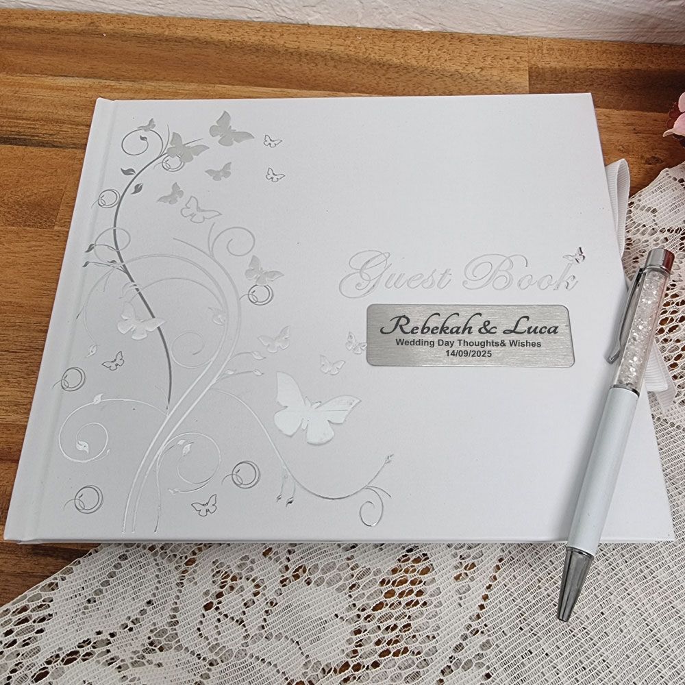 Personalised Wedding Guest Book Scrapbook Album Wooden w/ Feather Pen Box Gifts 